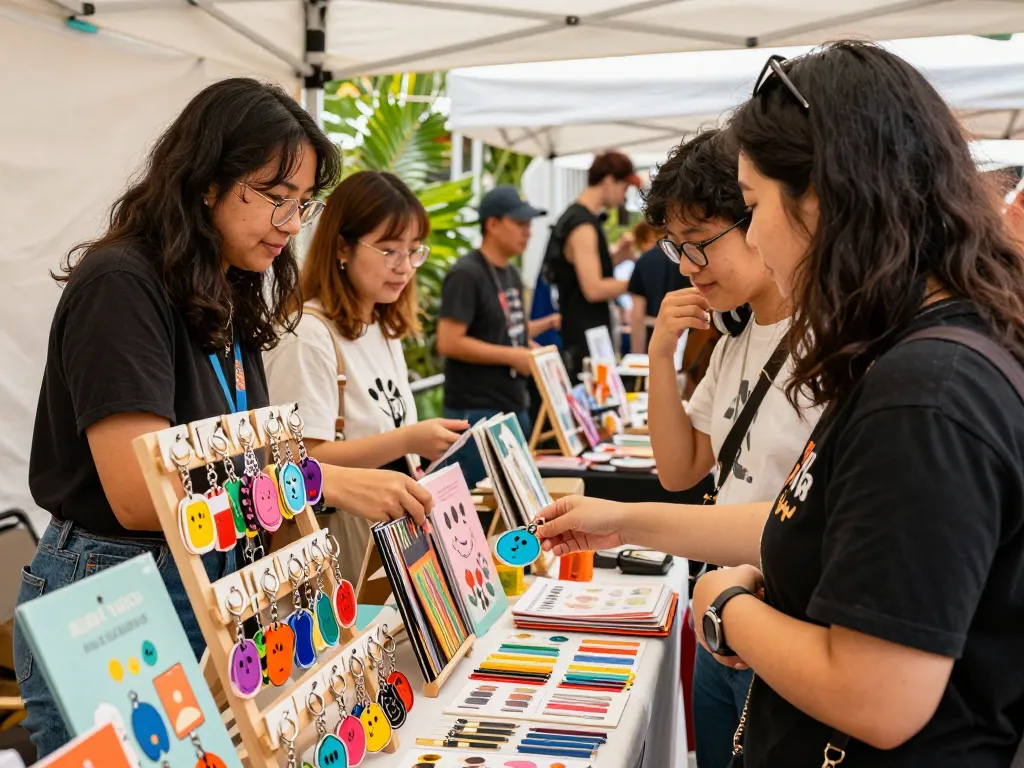 Custom acrylic keychains displayed by an artist at a vibrant market, highlighting their unique designs and colors.
