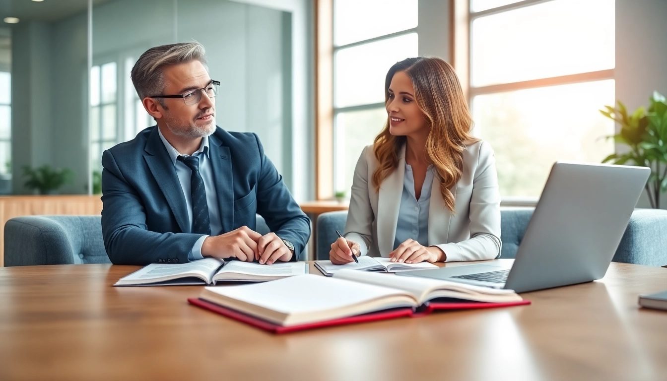 Career consultant guiding a client in a bright office environment, emphasizing professional growth.