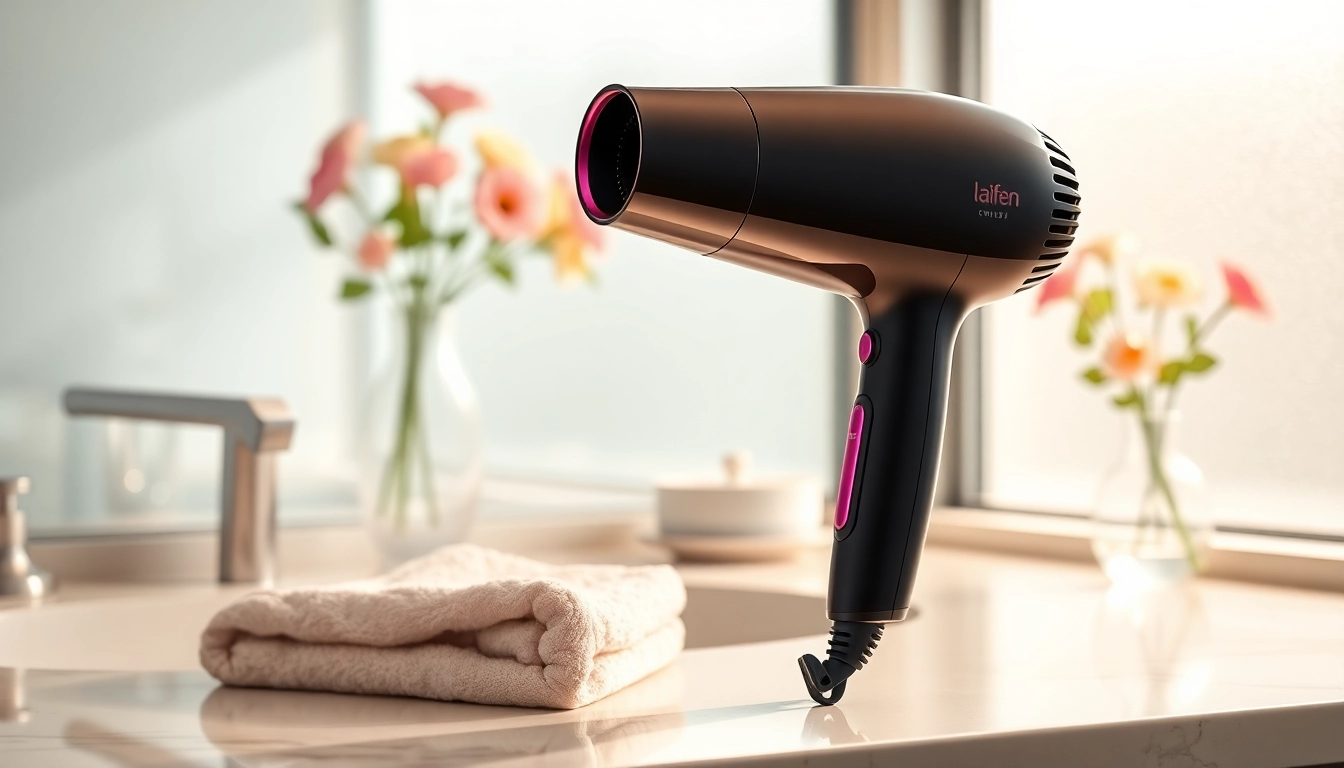 The laifen swift hair dryer showcased elegantly on a modern bathroom countertop.