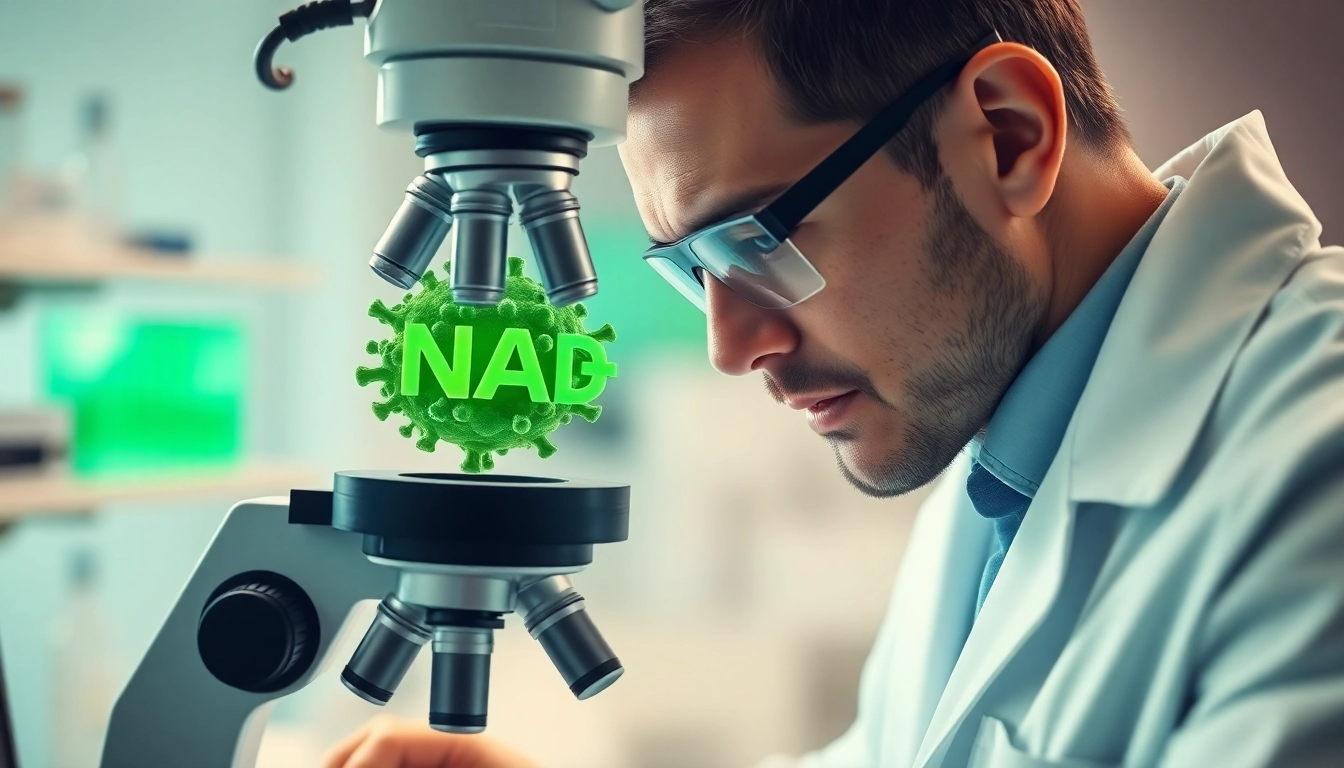 NAD+ energizing cellular processes in a professional laboratory setting with a scientist.