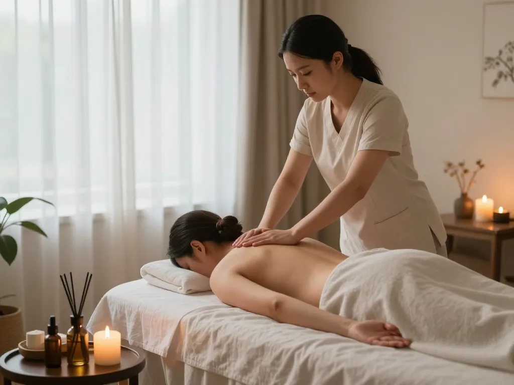 Relaxing swedish massage scene showcasing a professional therapist and client in a calm wellness studio with soothing elements, emphasizing 논현동마사지.