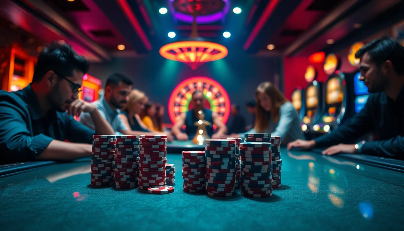 Experience JBO-inspired excitement with intense poker players and vibrant casino lights.