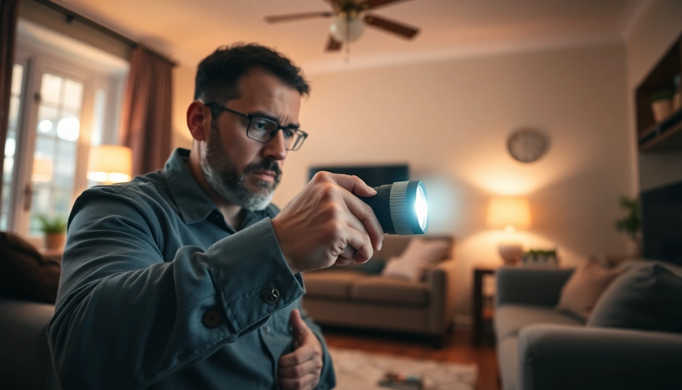Ensure thorough home pest inspection by a professional in a well-lit living room.