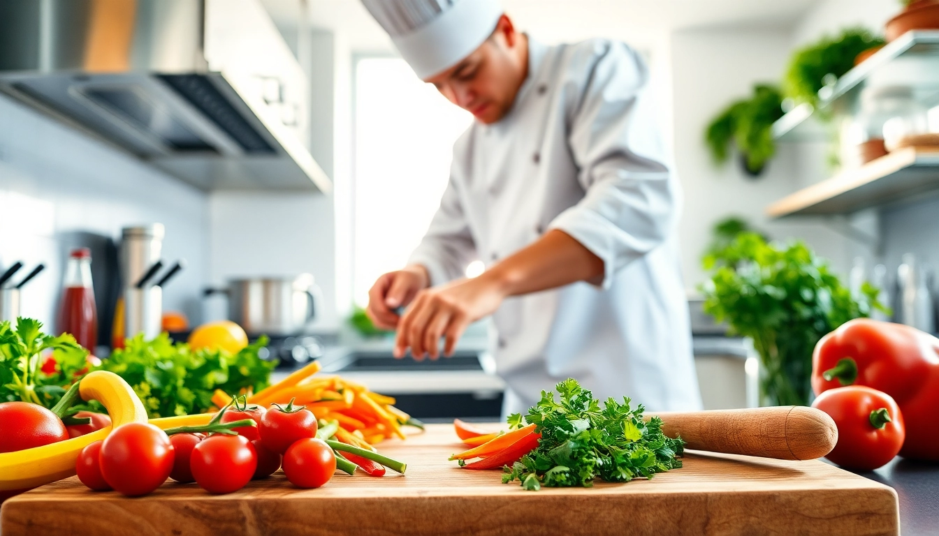 Chef demonstrating cooking techniques at dishfacts.com kitchen with vibrant ingredients.
