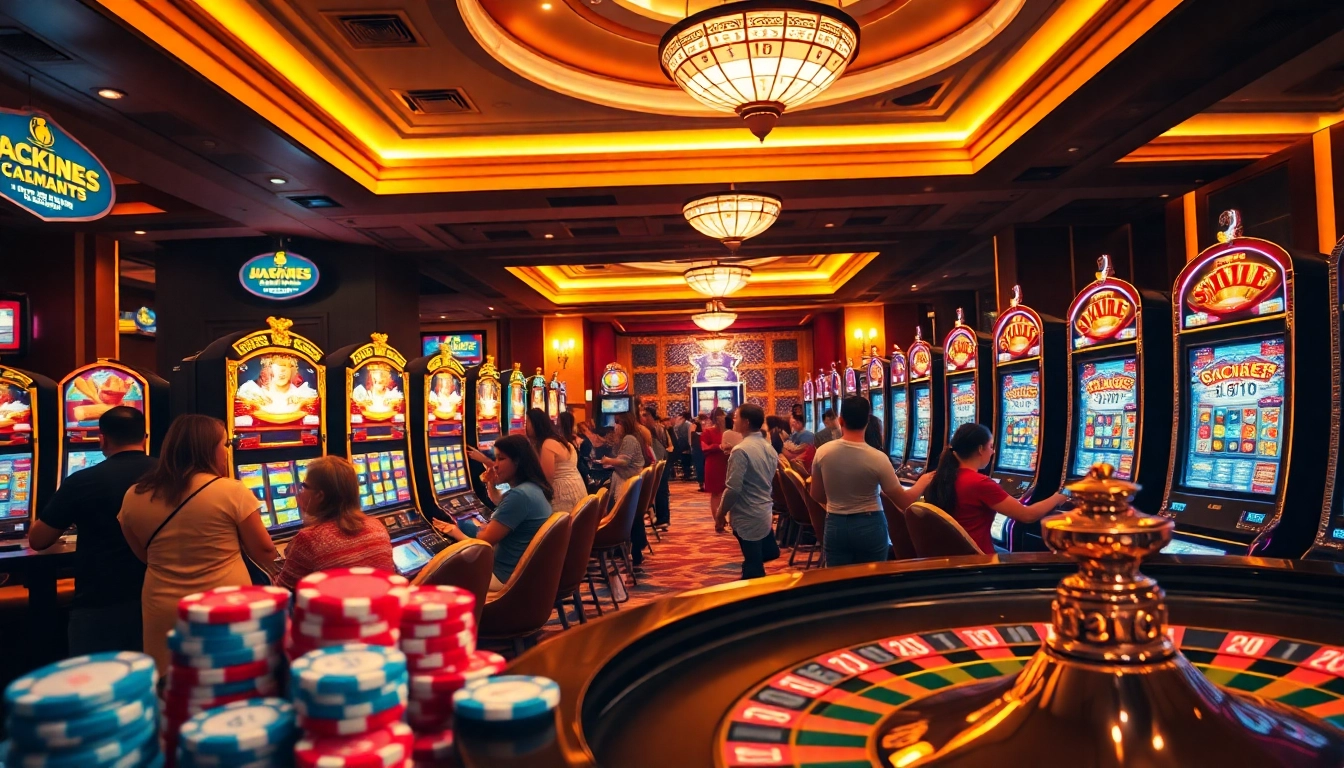 Casino slot machines in action, showcasing players enjoying vibrant gameplay and potential big wins.