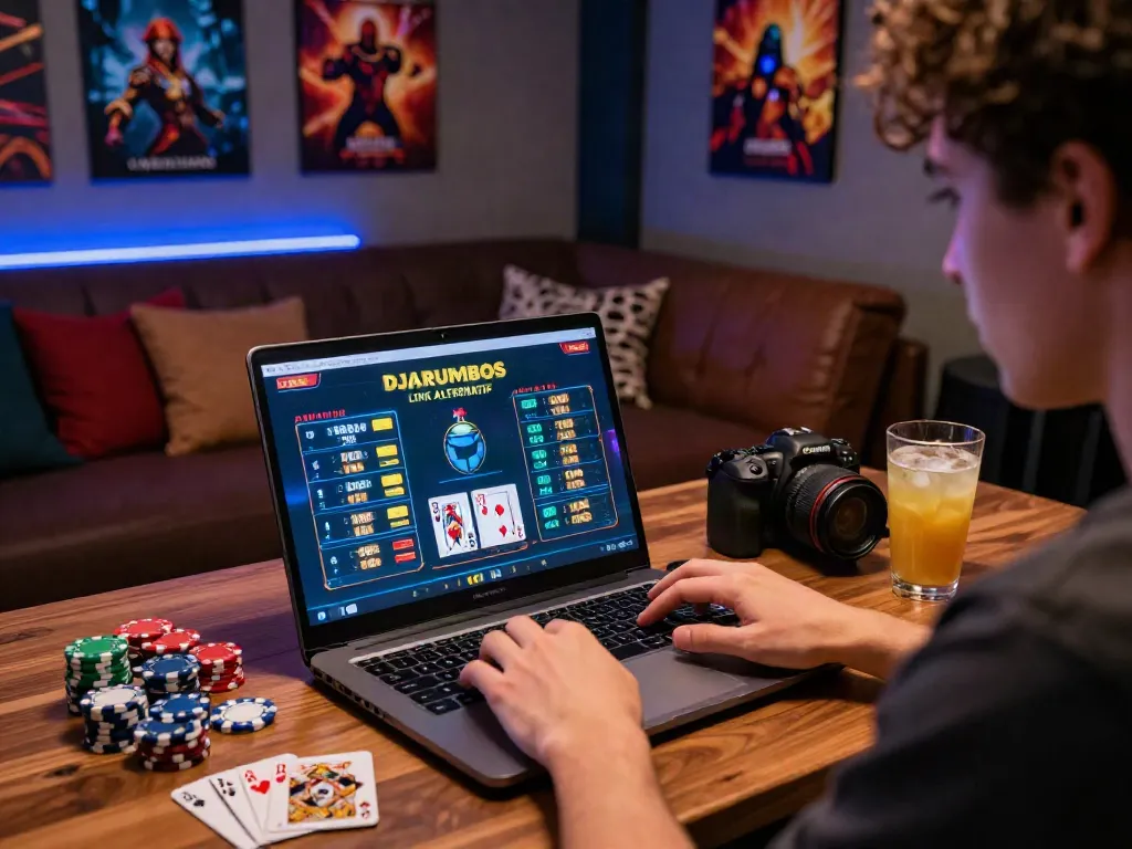 Engaging scene showcasing DJARUMBOS LINK ALTERNATIF with an online gambler at a laptop surrounded by gaming elements.