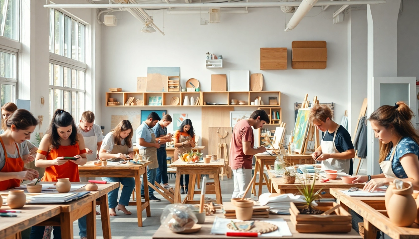 Engaged individuals participating in craft training programs, creating various artworks in a well-lit studio.