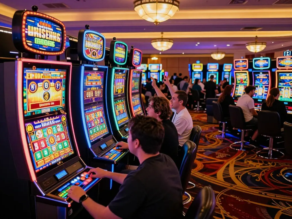 Players celebrate a jackpot on vibrant slot machines, reflecting excitement of depo-themed gambling.