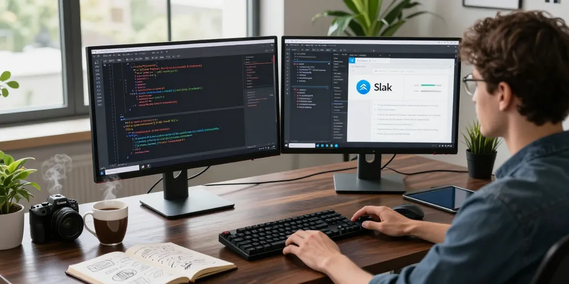 Workspace with developer coding on dual monitors, focusing on 纸飞机下载 in a vibrant tech environment.