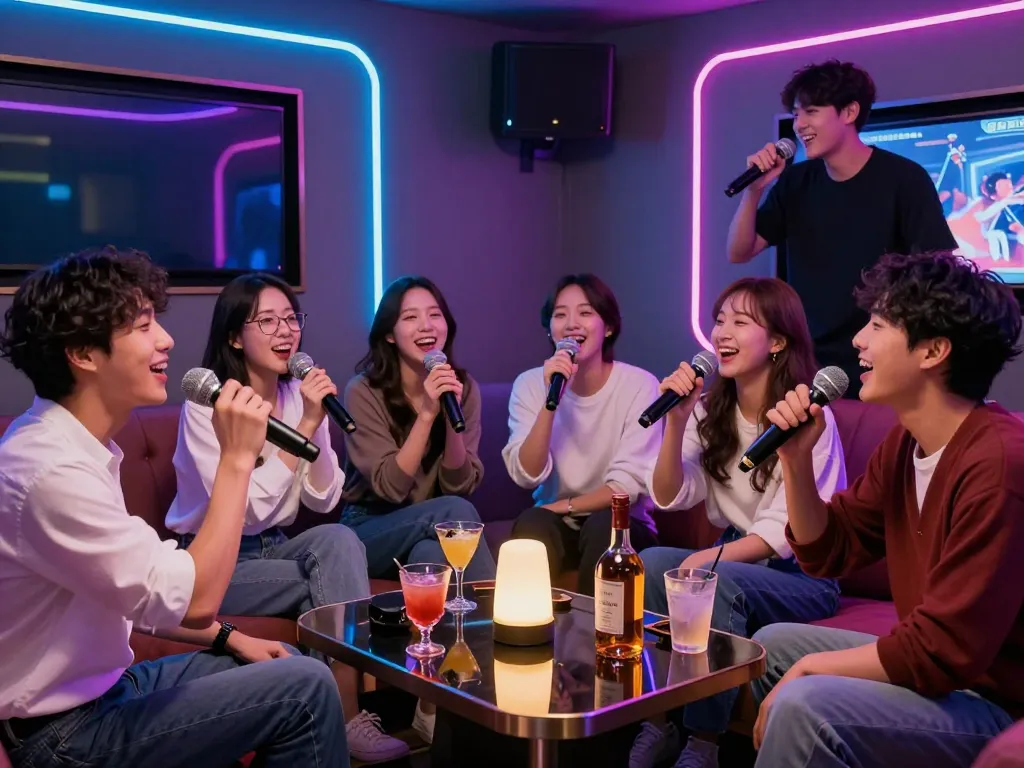 친구들과 음료, 생동감 넘치는 분위기 속에서 www.3no.org/seo에서 활기찬 노래방 경험을 즐기세요.