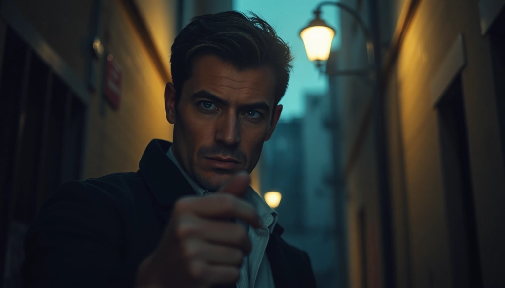 Protagonist in Clean thriller searching dark alley for clues.