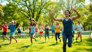Community workout session promoting Health and well-being in a sunny park.