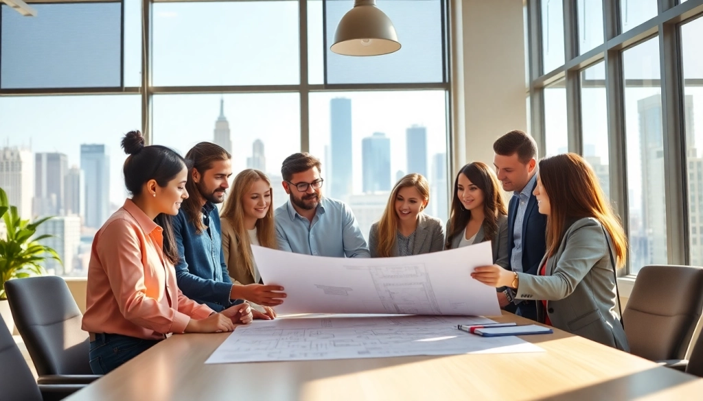 Engaged New York General Contractor team collaborating on a project in a modern office.