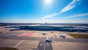 Travelers arriving at Glasgow Airport, showcasing the busy terminal and planes ready for takeoff.