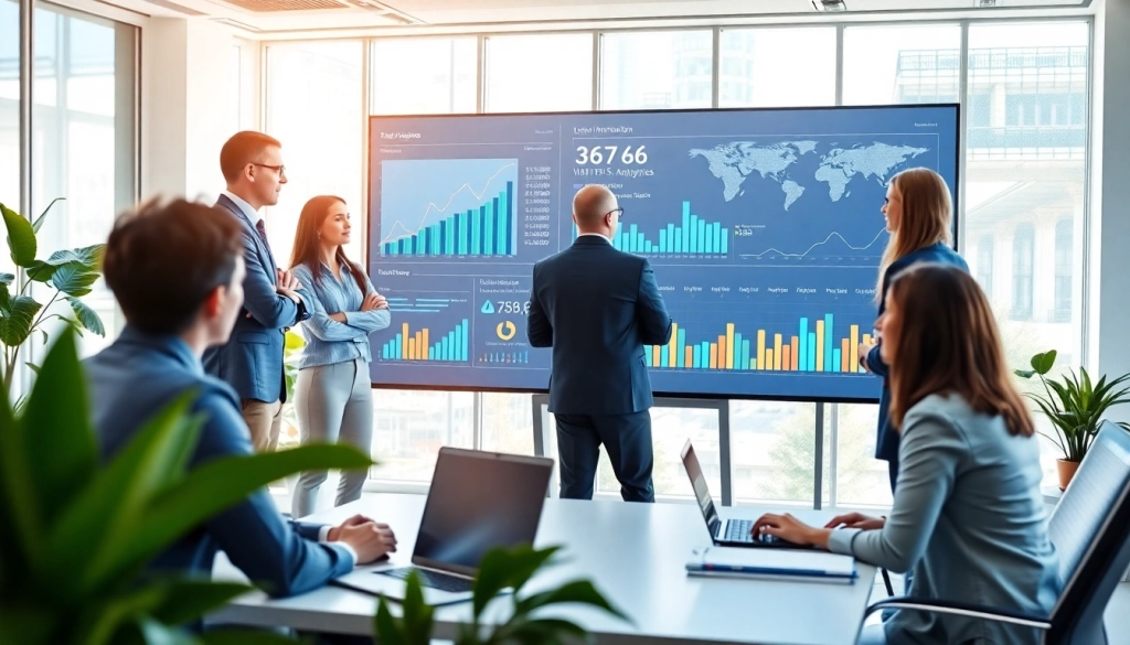 View of professionals interacting with analytics data on https://benchbot.ai dashboard in a bright office setting.