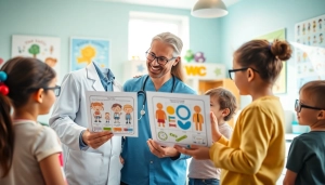 Illustration of Our Children's Vision initiative with pediatricians and children engaging in vision health.