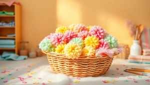 Wafel katoen in een mand, mooi gepresenteerd met kleuren in pasteltonen.