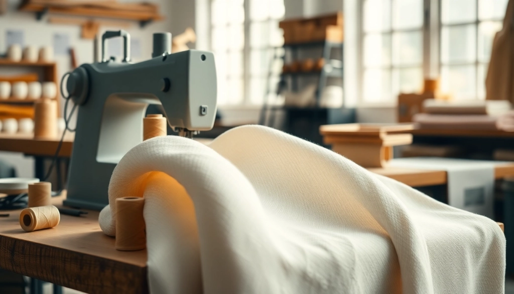 Laat de ongebleekt katoenen stof mooi zien in een textielwerkplaats met spolen garen.