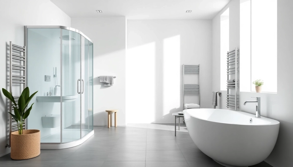 Sonni sanitär Produkte in einem modernen Badezimmer-Design stilvoll arrangiert und beleuchtet.