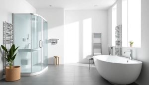 Sonni sanitär Produkte in einem modernen Badezimmer-Design stilvoll arrangiert und beleuchtet.