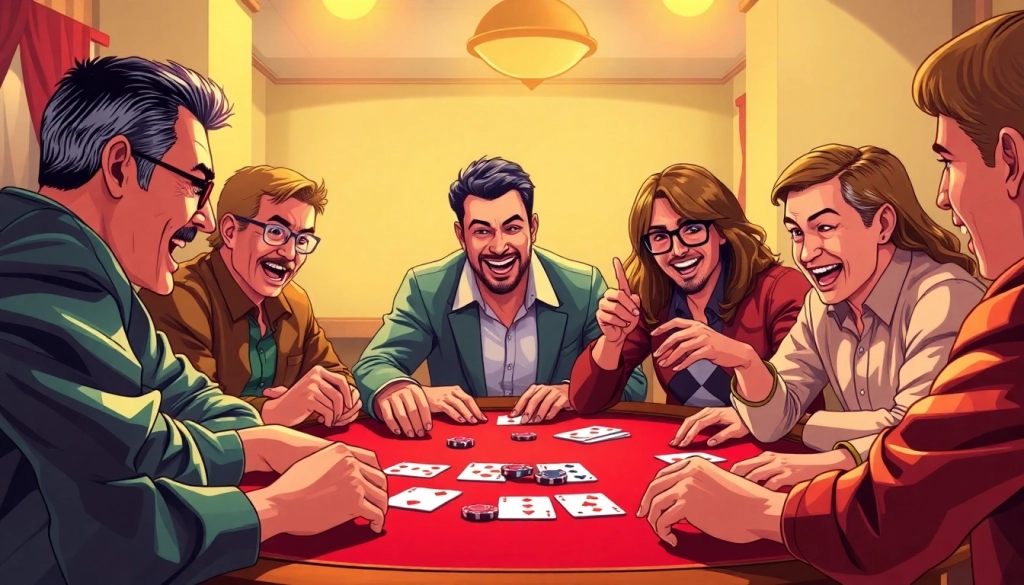 Rummy nabob players strategizing around a colorful game table filled with cards and chips.