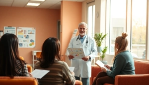 Engaging healthcare practitioner discussing Health topics with patients in a modern clinic.