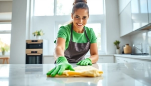 Cleaning Service with a professional cleaner scrubbing surfaces in a bright, modern kitchen.