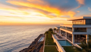 Showcase of luxury international real estate with modern villa against a sunset backdrop.