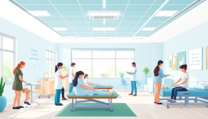 Engaging therapy session at Health in Motion Rehabilitation, showcasing diverse therapists and patients in action.