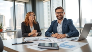 Engaged financial advisor San Antonio consulting clients in a modern office.