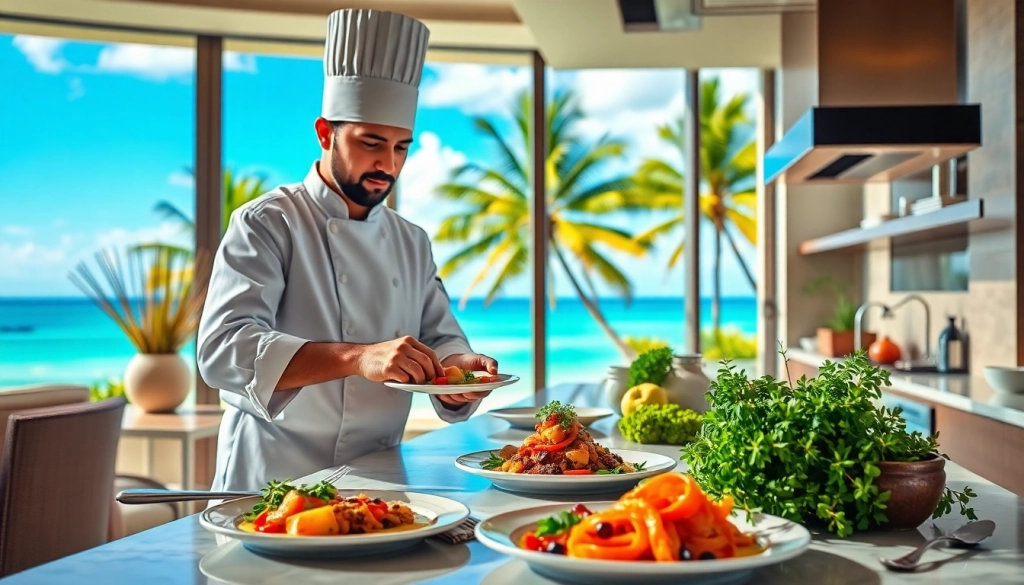 Private chef Sint Maarten expertly prepares a gourmet meal in a luxurious kitchen setting.