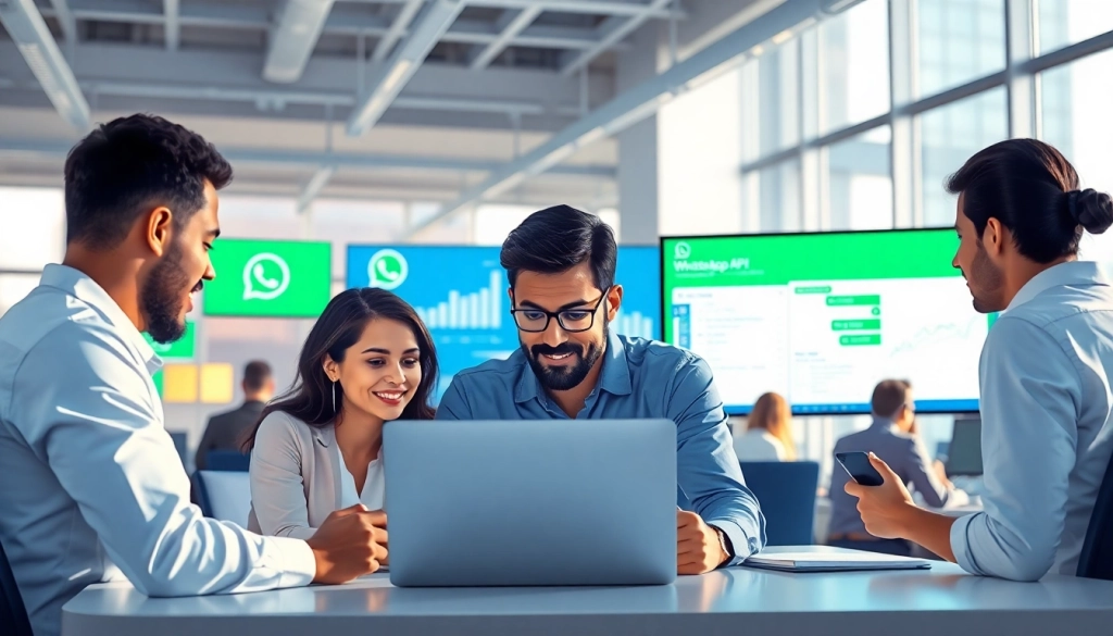 Utilizing the WhatsApp API displayed by diverse professionals in a modern office environment.