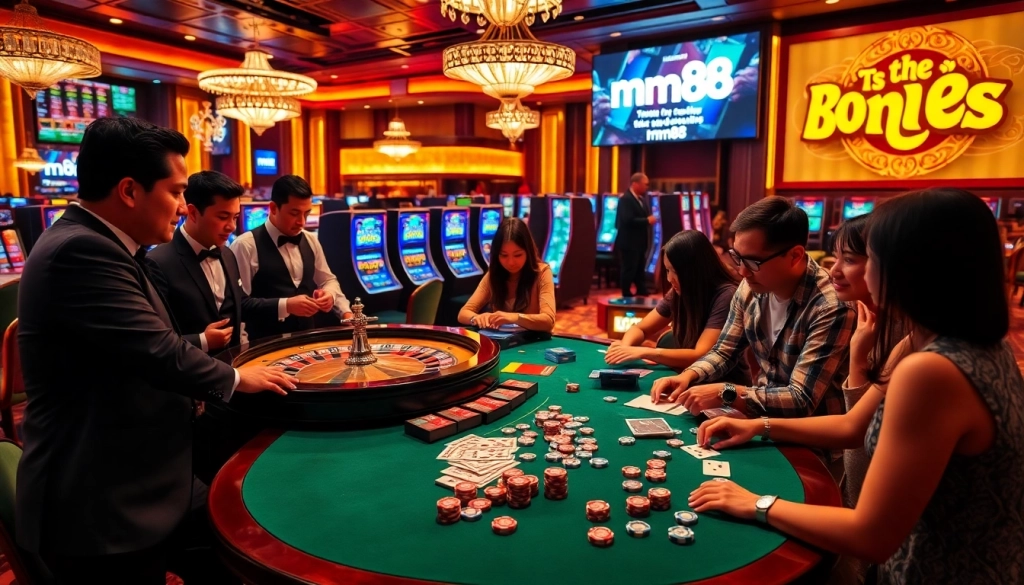 Experience thrilling gameplay with mm88 at a bustling casino table surrounded by excited players.