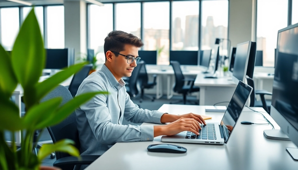 Enhance productivity at our typing center with a modern workspace featuring ergonomic furniture.