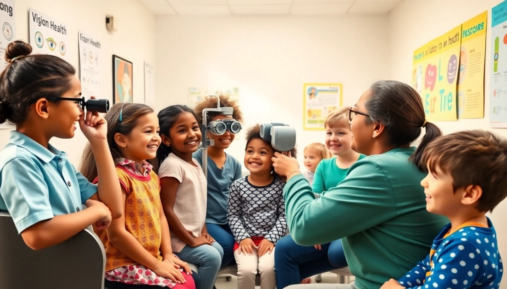 Children participating in Our Children's Vision eye examination, promoting eye health awareness.