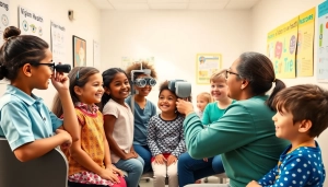 Children participating in Our Children's Vision eye examination, promoting eye health awareness.