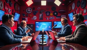 Engaging sports journalists discussing latest news at sportsbytes.com.ph in a vibrant studio setting.