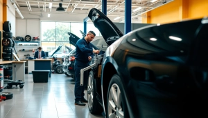 Autowerkstatt mit Leihwagen Berlin, Mechaniker arbeitet an einem Fahrzeug in einem hellen und professionellen Umfeld.