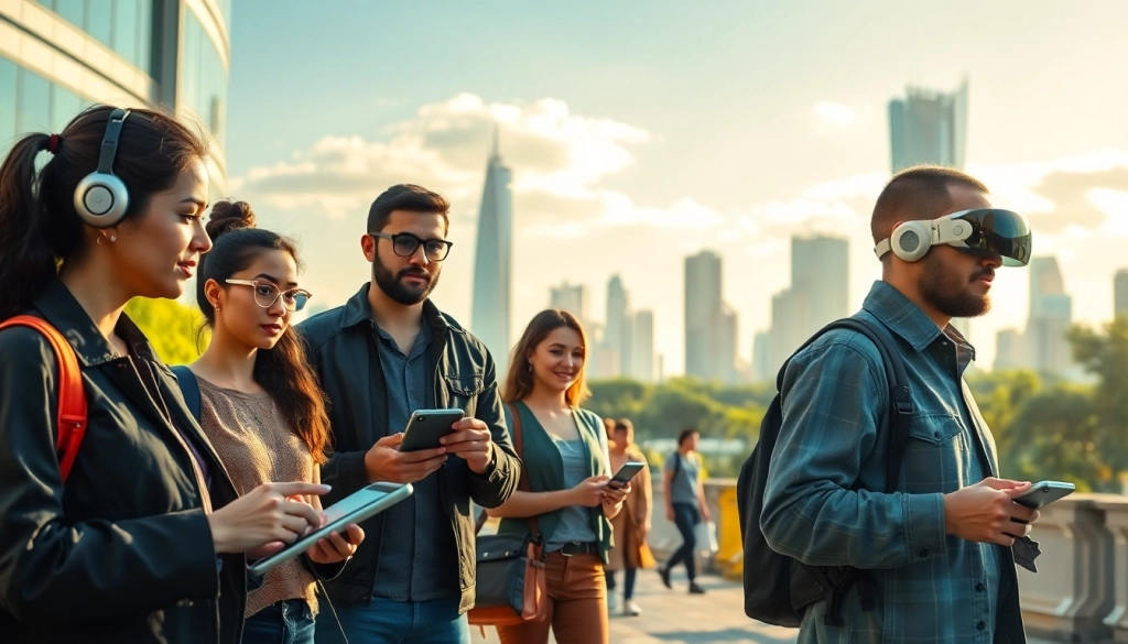 A vibrant depiction of technology's impact at https://mohamedmmblog.tech as people engage with futuristic devices.