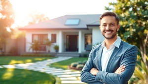 Showcasing Real Estate with a friendly agent in front of a modern home and landscaped garden.