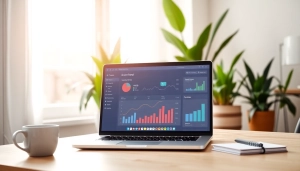 Visualize a vibrant tiktok smm panel interface on a sleek laptop in a modern office.