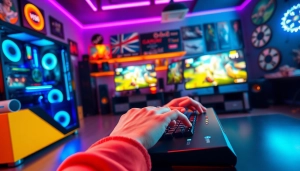 Engaged gamer using vj88 setup with dynamic lighting and multiple monitors.