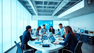 Engaging technology team collaborating with innovative tools in a modern workspace.