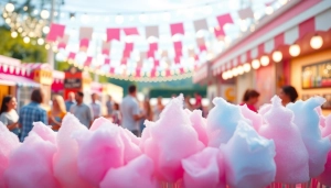 Maak wafel katoen met vrolijke kleuren en een feestelijke sfeer op een kermisstand.