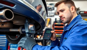 Inspecting a vehicle during a California Smog Check in a professional workshop setting.