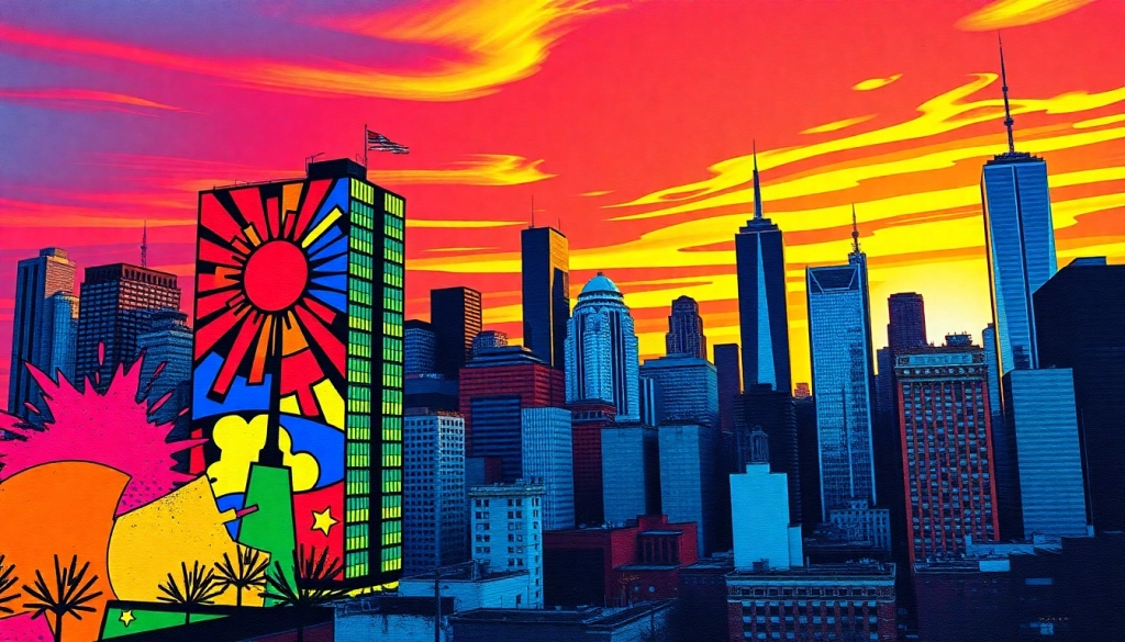 Captivating pop art canvas of a city skyline bursting with colors and dynamic shapes.