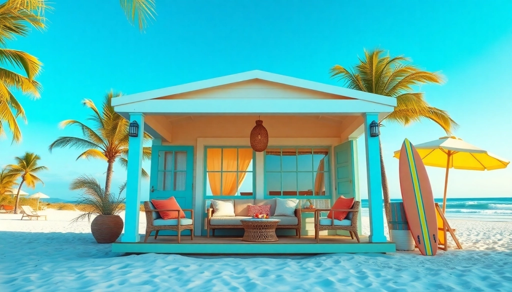 Relax and enjoy the coastal cabana with vibrant decor and beachside charm.