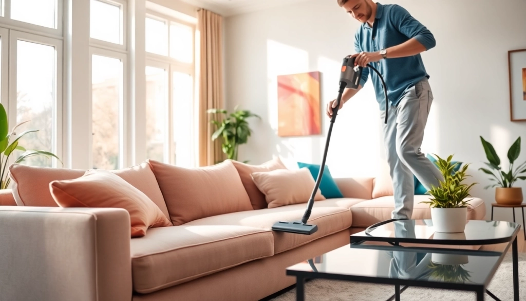 Sofa cleaning Dubai service in a modern living room with professional equipment being used.