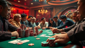 79king poker chips stacked high at an exhilarating casino table, capturing the thrill of high-stakes gambling action.