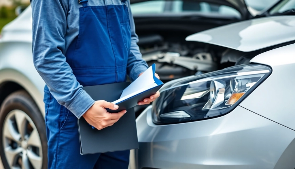 Unfall Auto Gutachter prüft ein beschädigtes Fahrzeug und dokumentiert den Schaden.